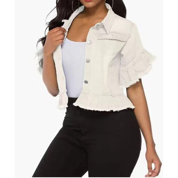 🆕Women's White Denim Jacket Button Down Ruffle Sleeve Crop Jean Jackets Coat - Picture 4 of 4